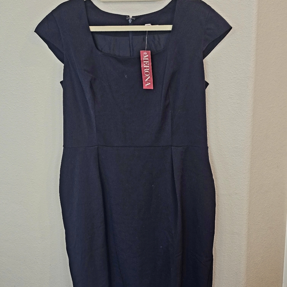 Merona Navy Blue Sheath Dress Cap Sleeve Square Neckline Pleated Dress Womens 16 - Picture 11 of 11